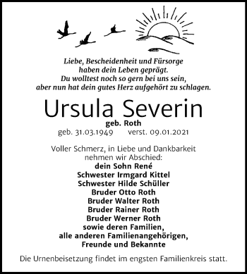 Traueranzeige von Ursula Severin von Mitteldeutsche Zeitung Aschersleben