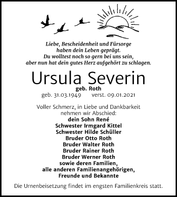 Traueranzeige von Ursula Severin von Super Sonntag Aschersleben