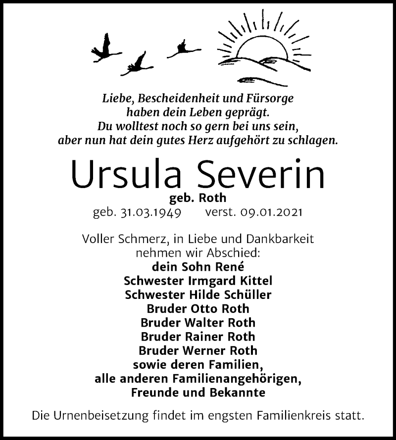  Traueranzeige für Ursula Severin vom 15.01.2021 aus Mitteldeutsche Zeitung Aschersleben