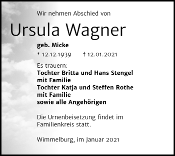 Traueranzeige von Ursula Wagner von Super Sonntag Mansfelder Land