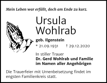 Traueranzeige von Ursula Wohlrab von Super Sonntag Bernburg