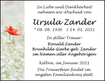 Traueranzeige von Ursula Zander von Mitteldeutsche Zeitung Sangerhausen