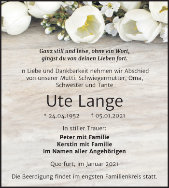 Traueranzeige von Ute Lange von Mitteldeutsche Zeitung Merseburg/Querfurt