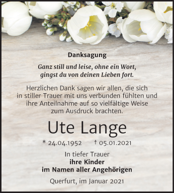 Traueranzeige von Ute Lange von Mitteldeutsche Zeitung Merseburg/Querfurt