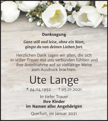 Traueranzeige von Ute Lange von Super Sonntag Merseburg/Querfurt
