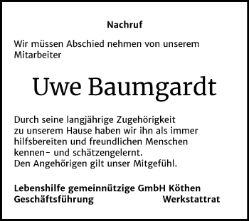Traueranzeige von Uwe Baumgardt von Mitteldeutsche Zeitung Köthen