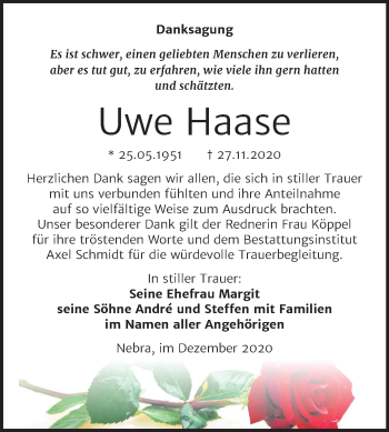 Traueranzeige von Uwe Haase von Super Sonntag Naumburg/Nebra