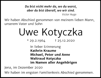 Traueranzeige von Uwe Kotyczka von Mitteldeutsche Zeitung Zeitz