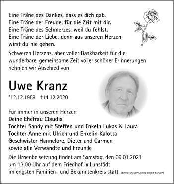 Traueranzeige von Uwe Kranz von Super Sonntag Merseburg/Querfurt