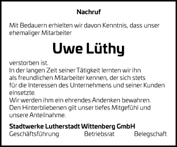 Traueranzeige von Uwe Lüthy von Mitteldeutsche Zeitung Wittenberg