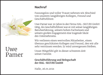 Traueranzeige von Uwe Pamer von Mitteldeutsche Zeitung Mansfelder Land / Halle/Saalkreis / Sangerhausen