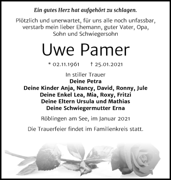 Traueranzeige von Uwe Pamer von Mitteldeutsche Zeitung Mansfelder Land