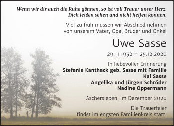 Traueranzeige von Uwe Sasse von Mitteldeutsche Zeitung Aschersleben