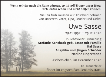 Traueranzeige von Uwe Sasse von Super Sonntag Aschersleben