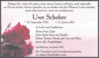 Traueranzeige von Uwe Schober von Super Sonntag Quedlinburg