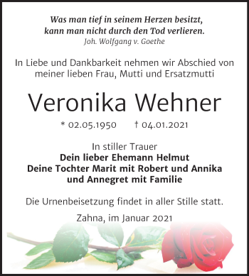 Traueranzeige von Veronika Wehner von Super Sonntag Wittenberg