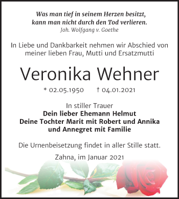 Traueranzeige von Veronika Wehner von Mitteldeutsche Zeitung Wittenberg