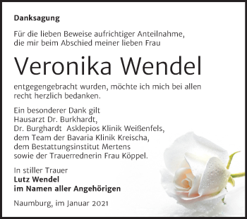 Traueranzeige von Veronika Wendel von Super Sonntag Naumburg/Nebra