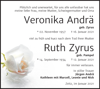 Traueranzeige von Veronika und Ruth  von Mitteldeutsche Zeitung Zeitz