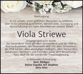 Traueranzeige von Viola Striewe von Mitteldeutsche Zeitung Weißenfels