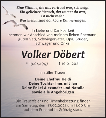 Traueranzeige von Volker Döbert von Super Sonntag Köthen