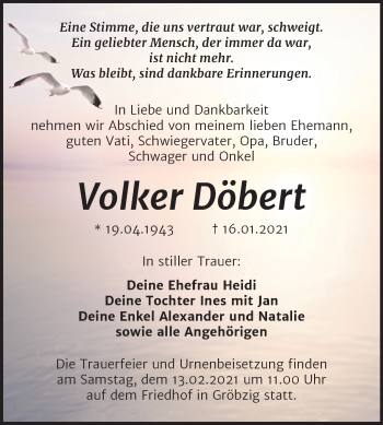 Traueranzeige von Volker Döbert von Mitteldeutsche Zeitung Köthen