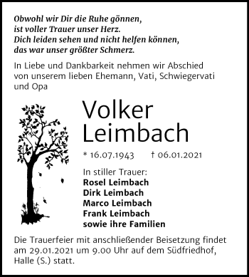 Traueranzeige von Volker Leimbach von Mitteldeutsche Zeitung Halle/Saalkreis