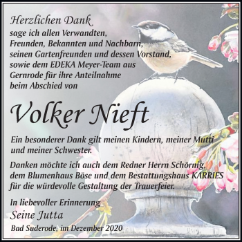 Traueranzeige von Volker Nieft von Super Sonntag Quedlinburg