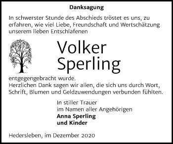 Traueranzeige von Volker Sperling von Super Sonntag Quedlinburg
