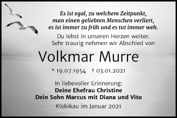 Traueranzeige von Volkmar Murre von Super Sonntag Merseburg/Querfurt
