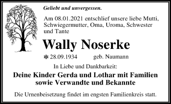 Traueranzeige von Wally Noserke von Mitteldeutsche Zeitung Wittenberg
