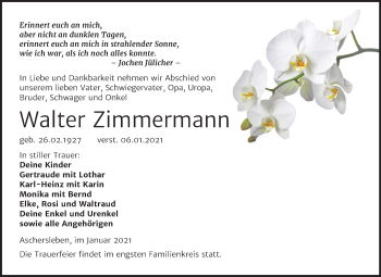 Traueranzeige von Walter Zimmermann von Super Sonntag Aschersleben
