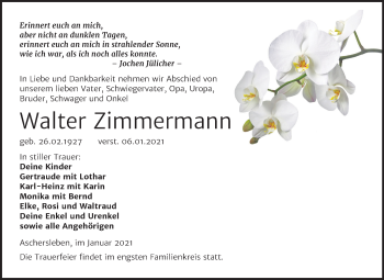 Traueranzeige von Walter Zimmermann von Mitteldeutsche Zeitung Aschersleben