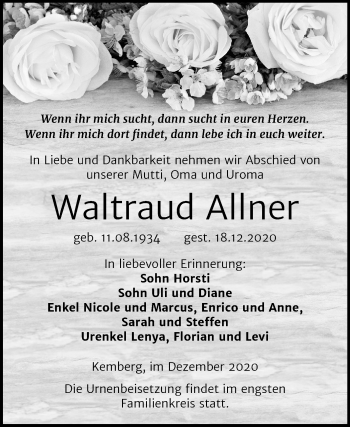 Traueranzeige von Waltraud Allner von Super Sonntag Wittenberg
