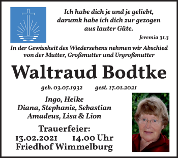 Traueranzeige von Waltraud Bodtke von Super Sonntag Mansfelder Land