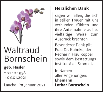 Traueranzeige von Waltraud Bornschein von Super Sonntag Naumburg/Nebra