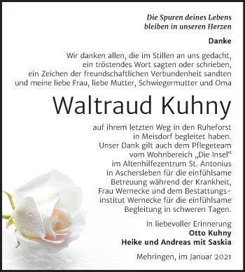 Traueranzeige von Waltraud Kuhny von Super Sonntag Aschersleben