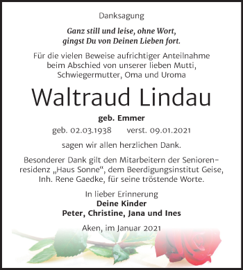 Traueranzeige von Waltraud Lindau von Mitteldeutsche Zeitung Köthen