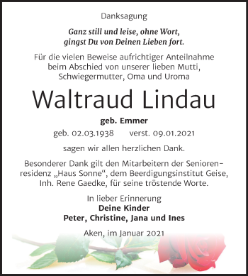 Traueranzeige von Waltraud Lindau von Super Sonntag Köthen