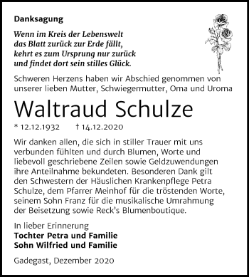 Traueranzeige von Waltraud Schulze von Super Sonntag Wittenberg
