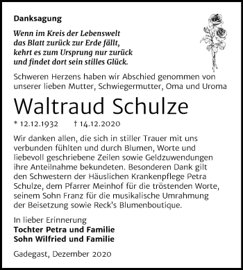 Traueranzeige von Waltraud Schulze von Mitteldeutsche Zeitung Wittenberg