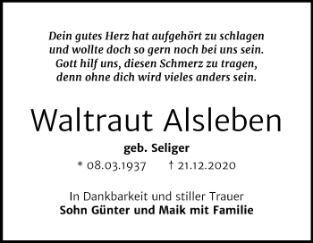 Traueranzeige von Waltraut Alsleben von Super Sonntag Bernburg