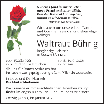 Traueranzeige von Waltraut Bührig von Super Sonntag Wittenberg