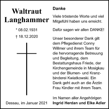 Traueranzeige von Waltraut Langhammer von Mitteldeutsche Zeitung Dessau-Roßlau