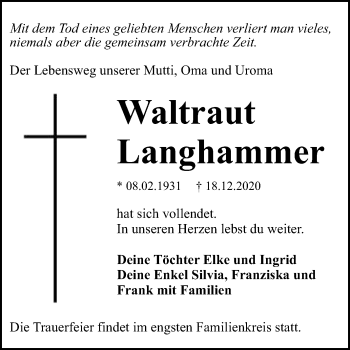 Traueranzeige von Waltraut Langhammer von Super Sonntag Dessau-Roßlau