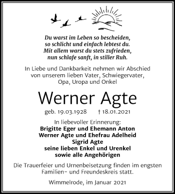 Traueranzeige von Werner Agte von Mitteldeutsche Zeitung Mansfelder Land