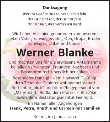 Traueranzeige von Werner Blanke von Super Sonntag Sangerhausen