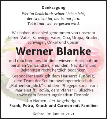 Traueranzeige von Werner Blanke von Mitteldeutsche Zeitung Sangerhausen