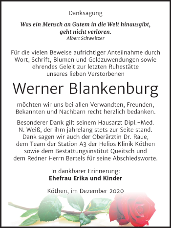 Traueranzeige von Werner Blankenburg von Super Sonntag Köthen