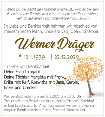 Traueranzeige von Werner Dräger von Super Sonntag Merseburg/Querfurt